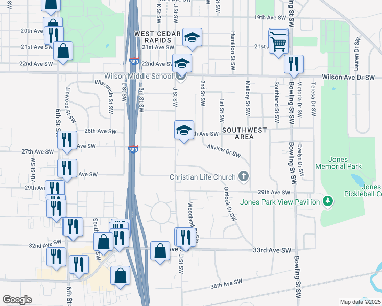 map of restaurants, bars, coffee shops, grocery stores, and more near 254 Outlook Drive Southwest in Cedar Rapids