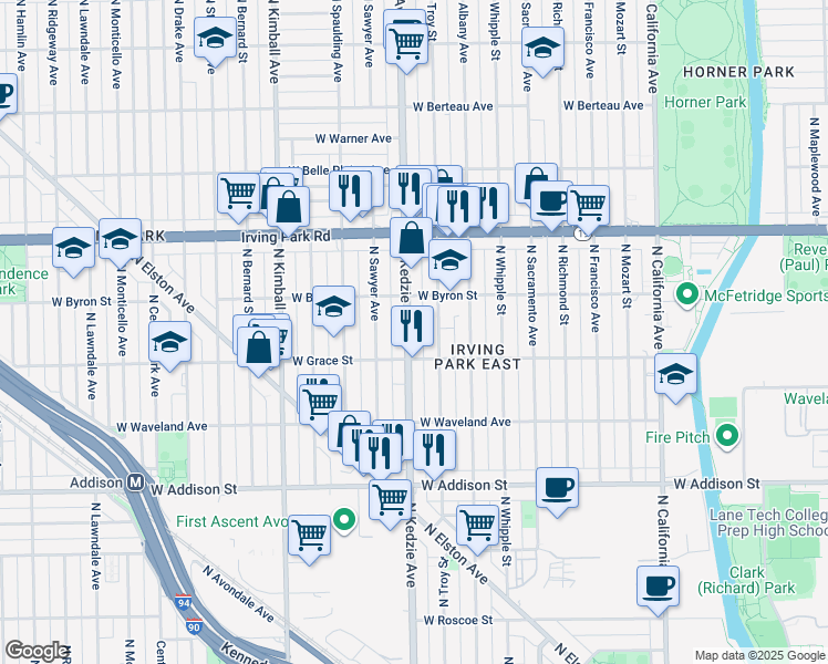 map of restaurants, bars, coffee shops, grocery stores, and more near 3806 North Kedzie Avenue in Chicago