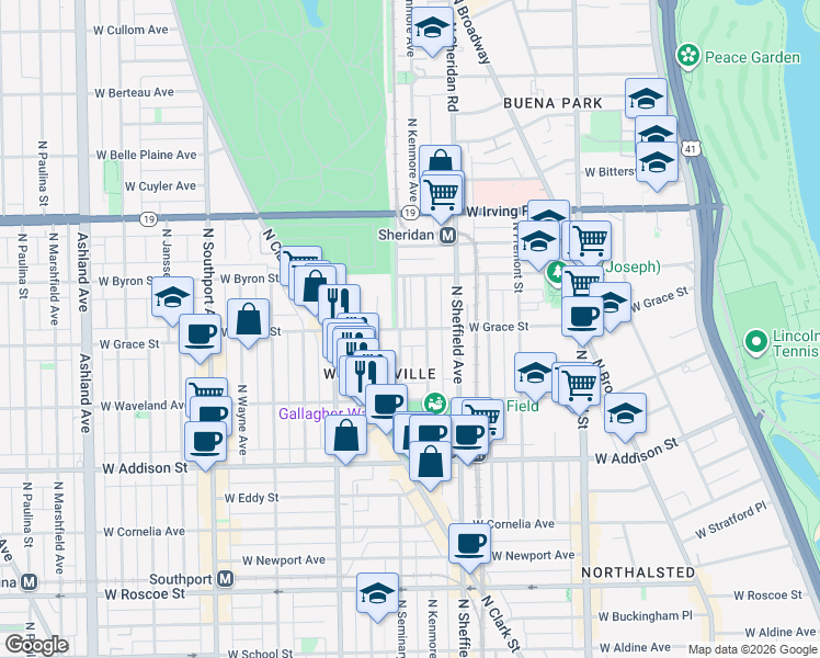 map of restaurants, bars, coffee shops, grocery stores, and more near 1047 West Grace Street in Chicago