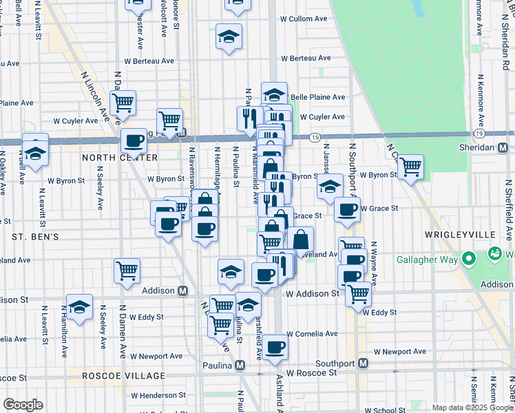 map of restaurants, bars, coffee shops, grocery stores, and more near 1639 West Grace Street in Chicago
