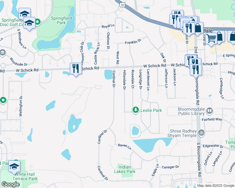 map of restaurants, bars, coffee shops, grocery stores, and more near 185 Cardinal Drive in Bloomingdale