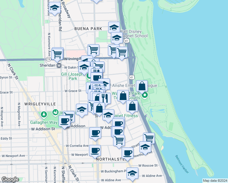 map of restaurants, bars, coffee shops, grocery stores, and more near 3717 North Pine Grove Avenue in Chicago