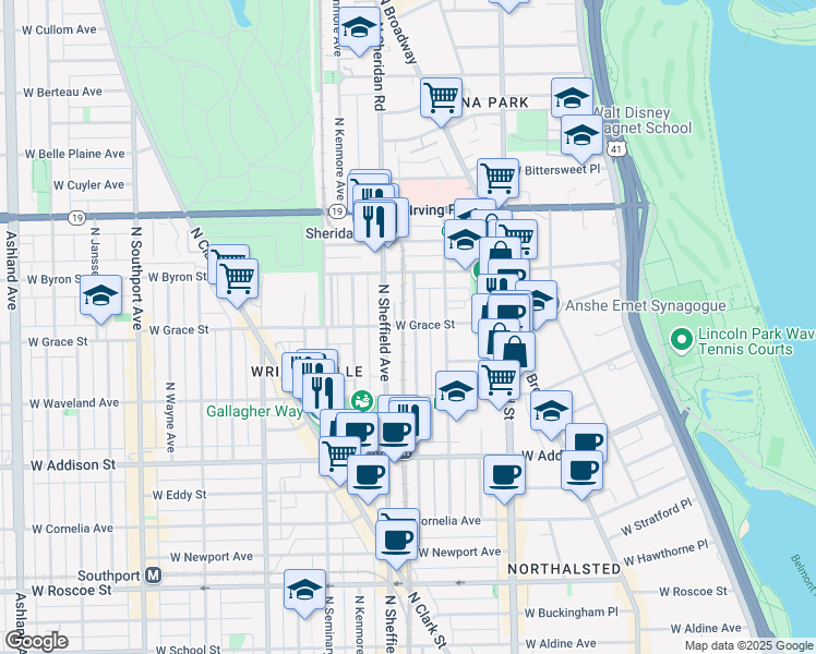 map of restaurants, bars, coffee shops, grocery stores, and more near 3745 North Sheffield Avenue in Chicago