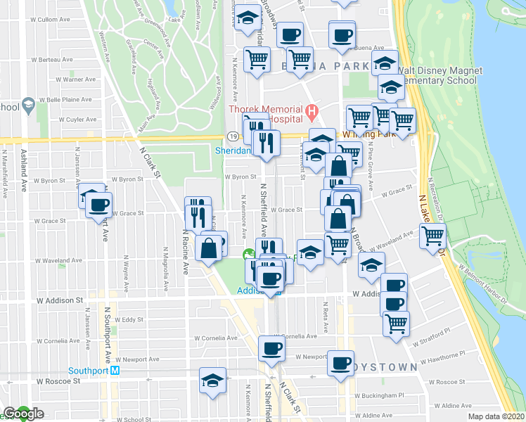 map of restaurants, bars, coffee shops, grocery stores, and more near 3745 North Sheffield Avenue in Chicago