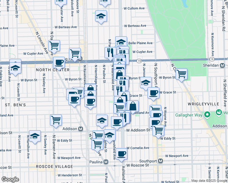 map of restaurants, bars, coffee shops, grocery stores, and more near 1639 West Grace Street in Chicago
