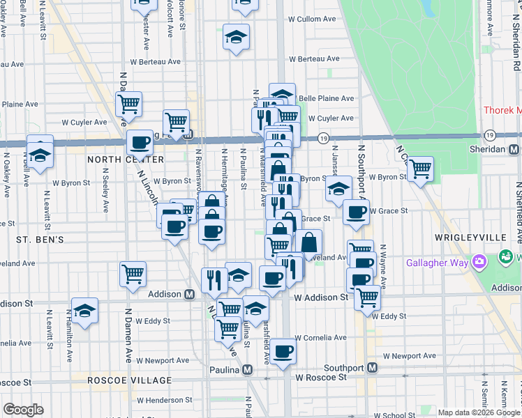 map of restaurants, bars, coffee shops, grocery stores, and more near 1639 West Grace Street in Chicago