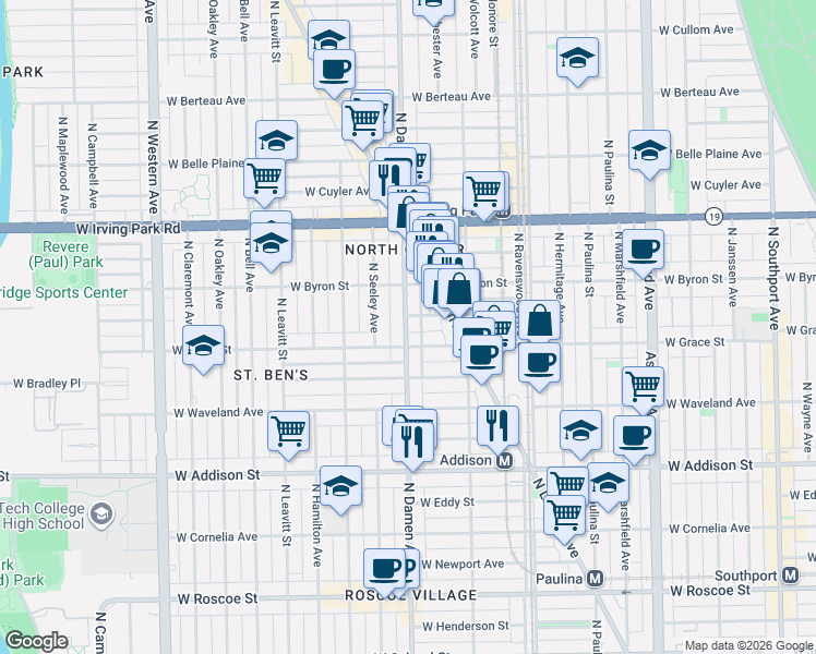 map of restaurants, bars, coffee shops, grocery stores, and more near 1947 West Grace Street in Chicago