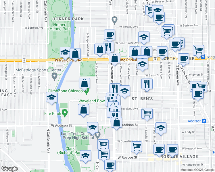 map of restaurants, bars, coffee shops, grocery stores, and more near 3800 North Western Avenue in Chicago