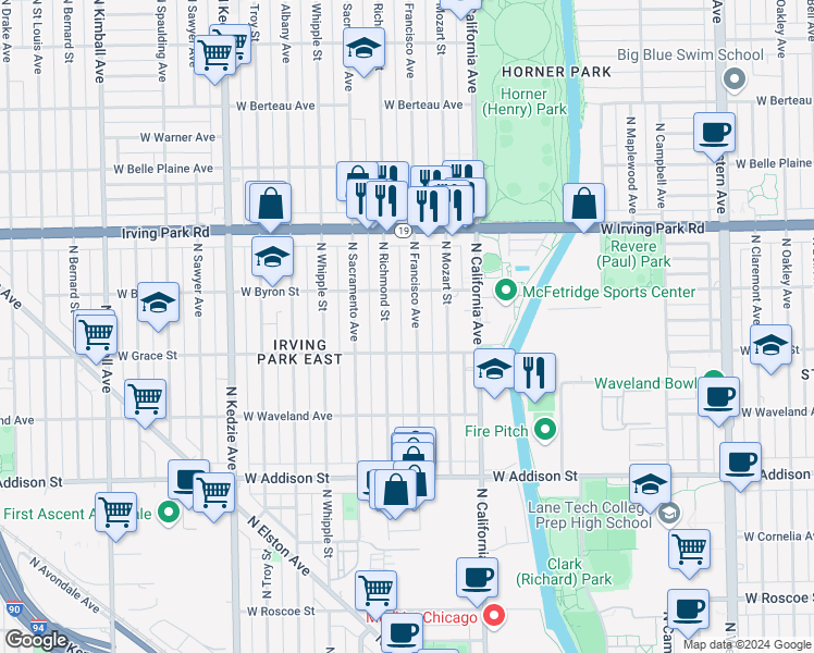 map of restaurants, bars, coffee shops, grocery stores, and more near 3803 North Francisco Avenue in Chicago