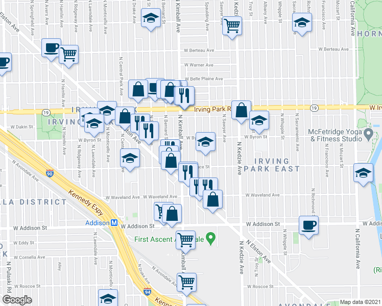 map of restaurants, bars, coffee shops, grocery stores, and more near 3805 North Kimball Avenue in Chicago