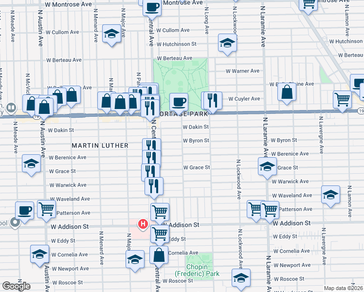 map of restaurants, bars, coffee shops, grocery stores, and more near 5510 West Berenice Avenue in Chicago