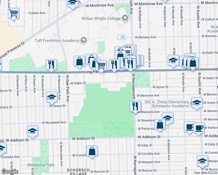 map of restaurants, bars, coffee shops, grocery stores, and more near 6523 West Byron Street in Chicago