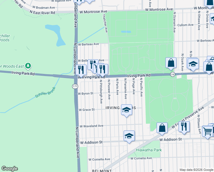map of restaurants, bars, coffee shops, grocery stores, and more near 3901 North Pittsburgh Avenue in Chicago