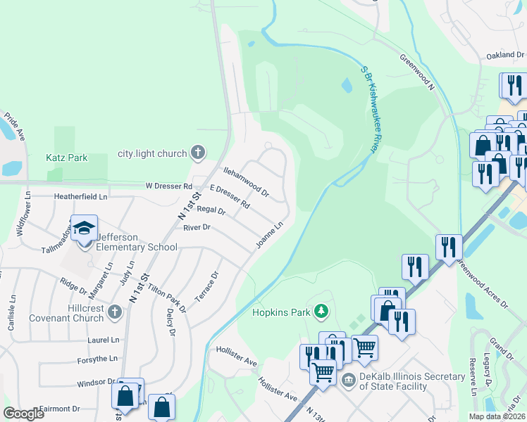map of restaurants, bars, coffee shops, grocery stores, and more near 428 East Dresser Road in DeKalb