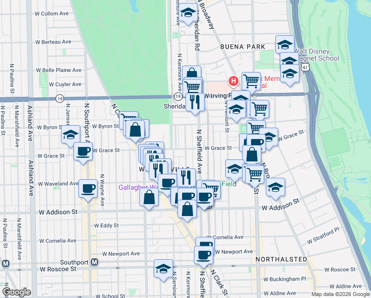 map of restaurants, bars, coffee shops, grocery stores, and more near W Grace St & N Kenmore Ave in Chicago
