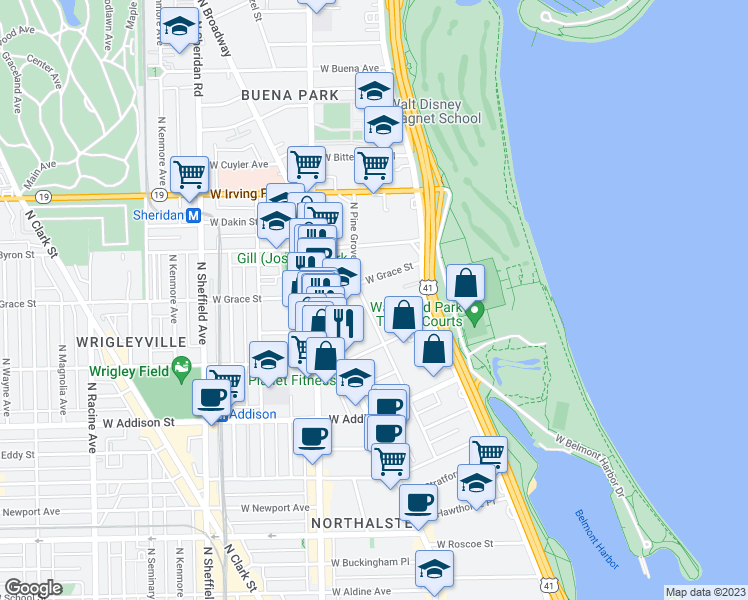 map of restaurants, bars, coffee shops, grocery stores, and more near 3717 North Pine Grove Avenue in Chicago