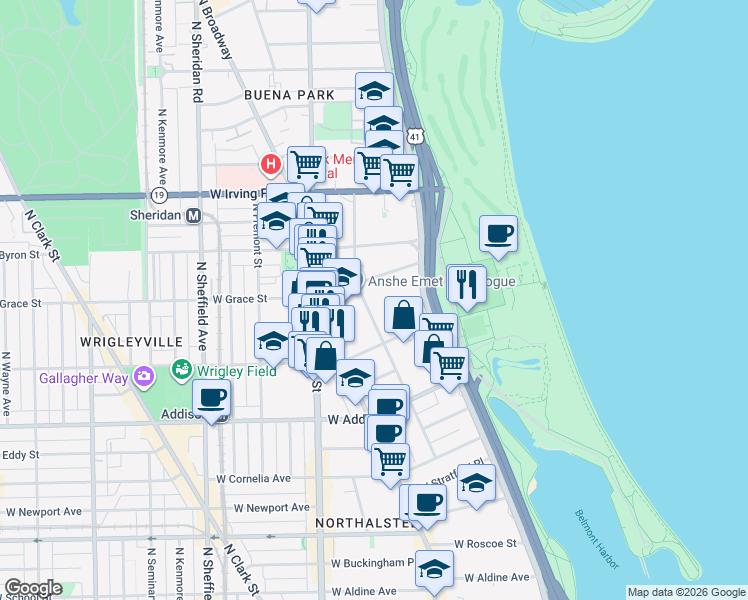 map of restaurants, bars, coffee shops, grocery stores, and more near 3717 North Pine Grove Avenue in Chicago