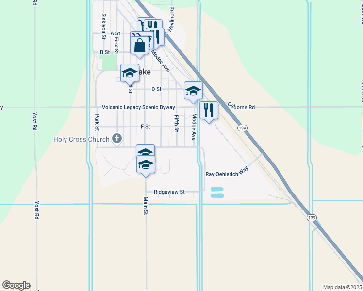 map of restaurants, bars, coffee shops, grocery stores, and more near 601-699 G Street in Tulelake