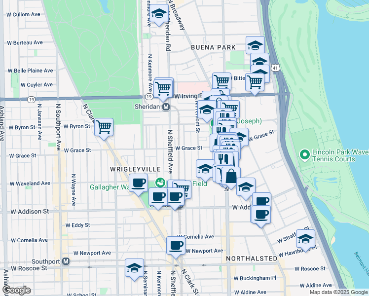 map of restaurants, bars, coffee shops, grocery stores, and more near West Grace Street & North Wilton Avenue in Chicago