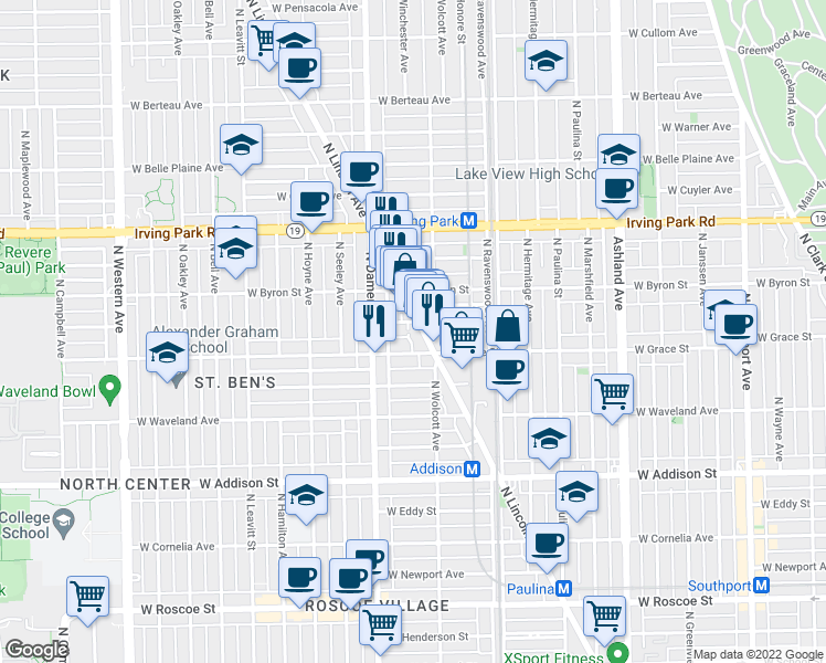 map of restaurants, bars, coffee shops, grocery stores, and more near 3801 North Lincoln Avenue in Chicago
