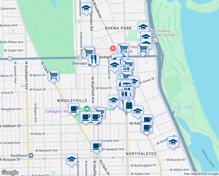 map of restaurants, bars, coffee shops, grocery stores, and more near W Grace St & N Fremont St in Chicago