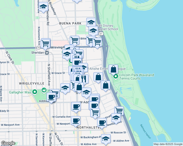 map of restaurants, bars, coffee shops, grocery stores, and more near 3747 North Pine Grove Avenue in Chicago