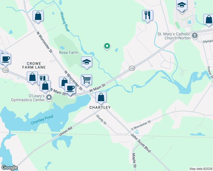 map of restaurants, bars, coffee shops, grocery stores, and more near 306 West Main Street in Norton