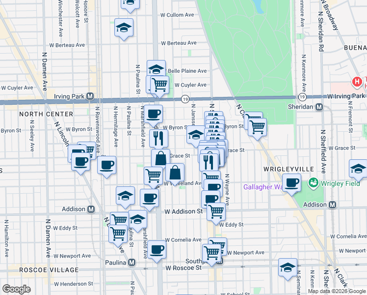 map of restaurants, bars, coffee shops, grocery stores, and more near 3815 North Greenview Avenue in Chicago