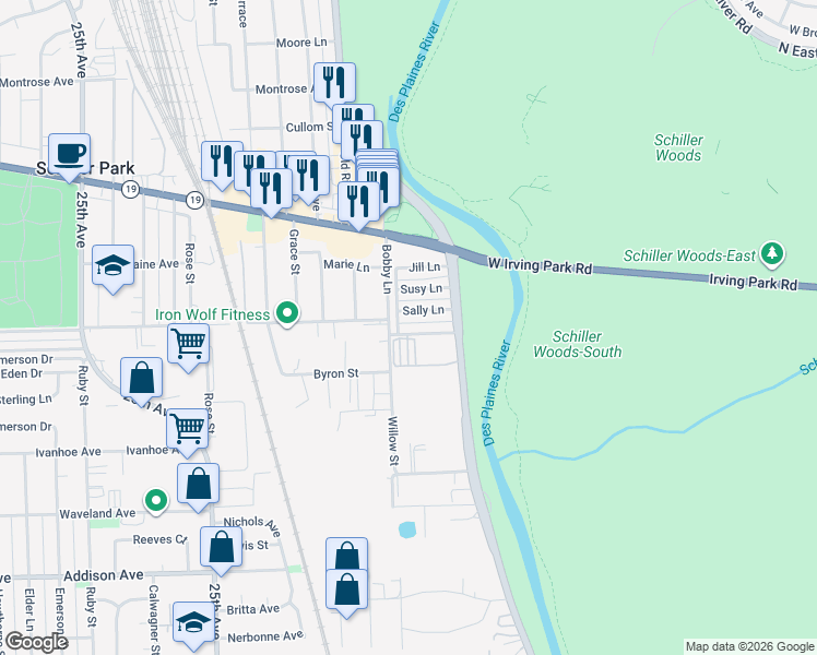 map of restaurants, bars, coffee shops, grocery stores, and more near 3902 River Road in Schiller Park