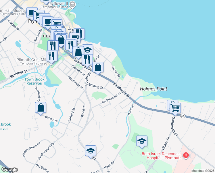 map of restaurants, bars, coffee shops, grocery stores, and more near 12 Whiting Street in Plymouth