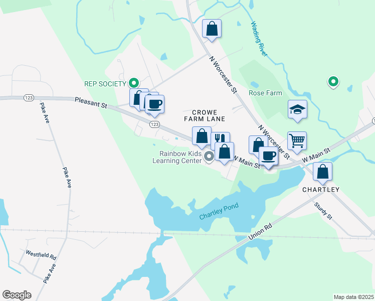 map of restaurants, bars, coffee shops, grocery stores, and more near 380 Old Colony Road in Norton