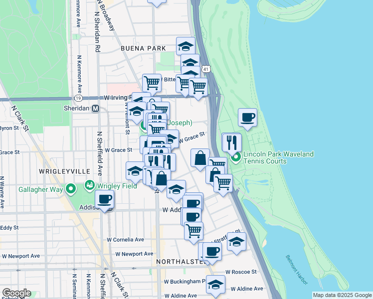 map of restaurants, bars, coffee shops, grocery stores, and more near 3717 North Pine Grove Avenue in Chicago