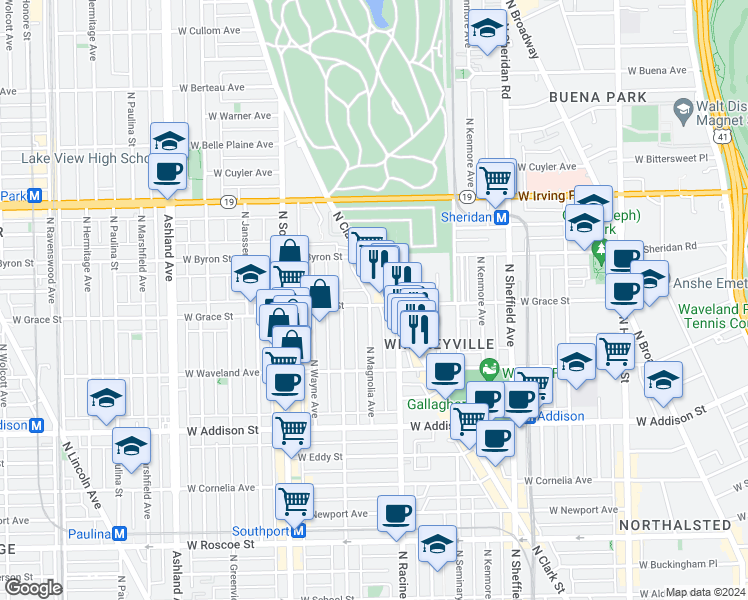 map of restaurants, bars, coffee shops, grocery stores, and more near 3753 North Magnolia Avenue in Chicago