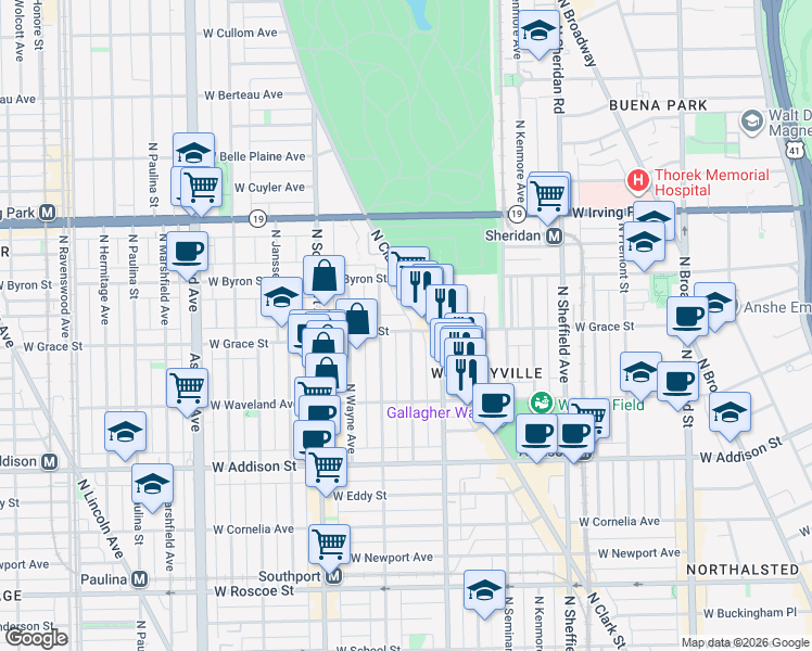 map of restaurants, bars, coffee shops, grocery stores, and more near 3753 North Magnolia Avenue in Chicago