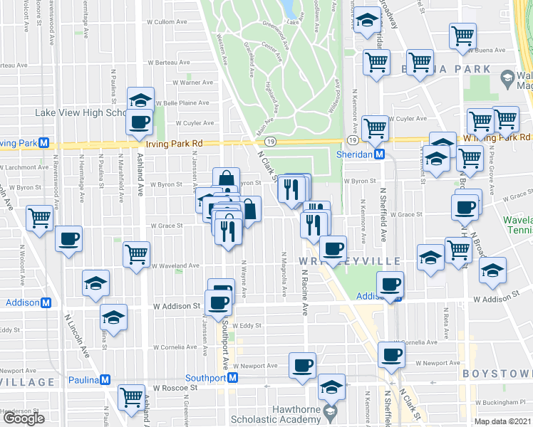 map of restaurants, bars, coffee shops, grocery stores, and more near 3751 North Lakewood Avenue in Chicago