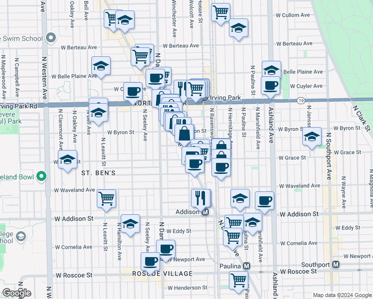 map of restaurants, bars, coffee shops, grocery stores, and more near 3801 North Lincoln Avenue in Chicago