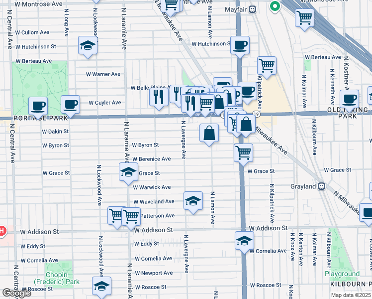 map of restaurants, bars, coffee shops, grocery stores, and more near 4943 West Berenice Avenue in Chicago