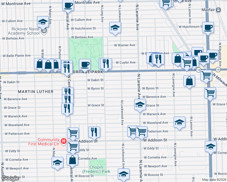 map of restaurants, bars, coffee shops, grocery stores, and more near 5319 West Berenice Avenue in Chicago