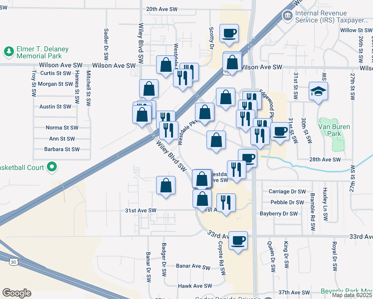 map of restaurants, bars, coffee shops, grocery stores, and more near 2761-2811 Wiley Boulevard Southwest in Cedar Rapids