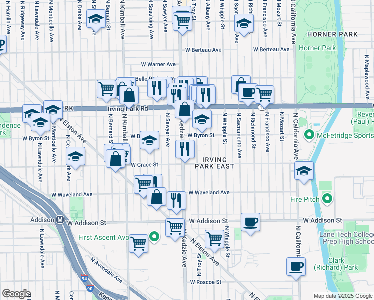 map of restaurants, bars, coffee shops, grocery stores, and more near 3829 North Kedzie Avenue in Chicago