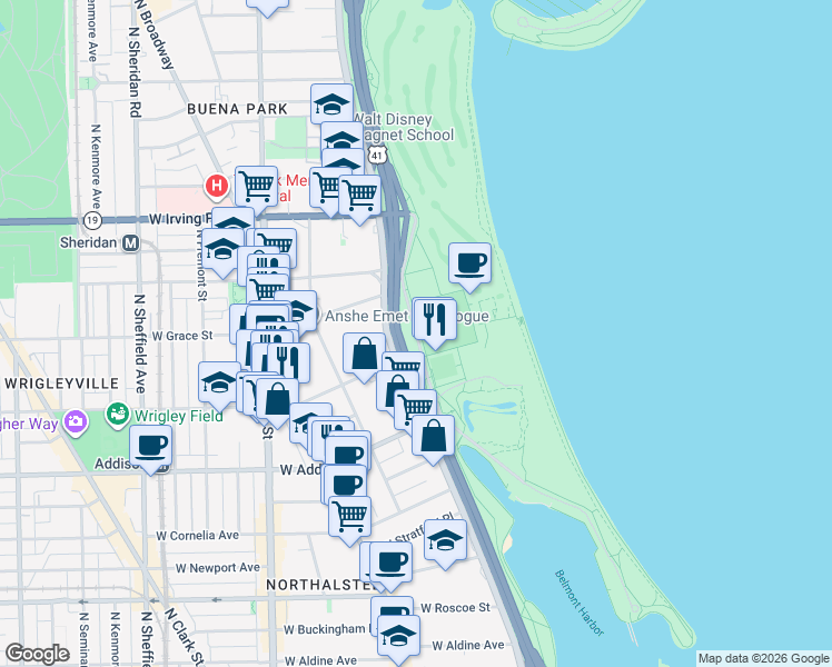 map of restaurants, bars, coffee shops, grocery stores, and more near 3575 N Recreation Dr in Chicago