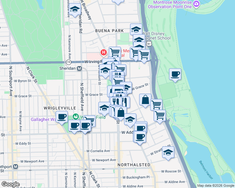 map of restaurants, bars, coffee shops, grocery stores, and more near North Broadway & West Grace Street in Chicago