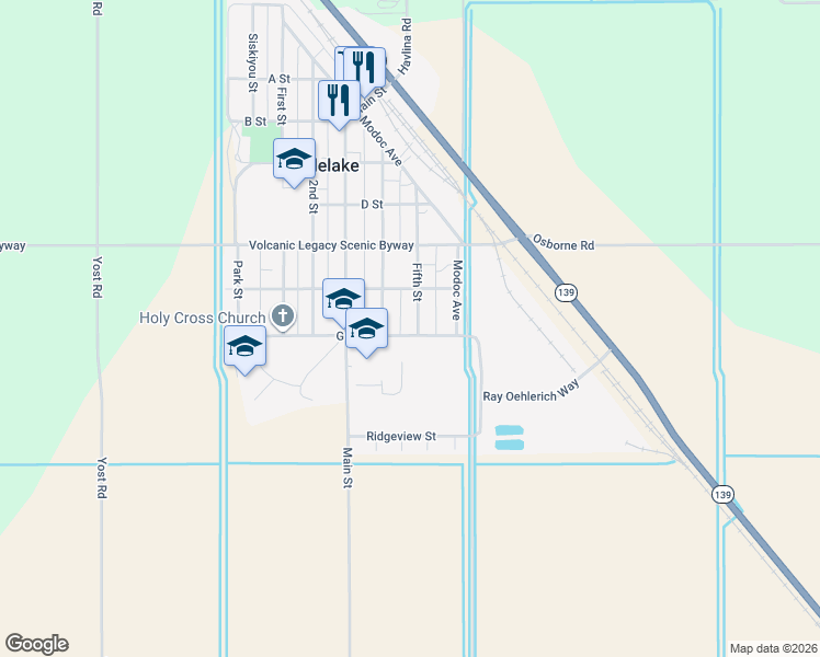 map of restaurants, bars, coffee shops, grocery stores, and more near 501-599 G Street in Tulelake