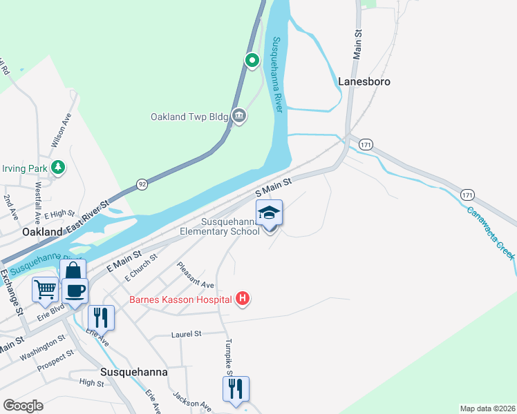 map of restaurants, bars, coffee shops, grocery stores, and more near 3192 Turnpike Street in Susquehanna