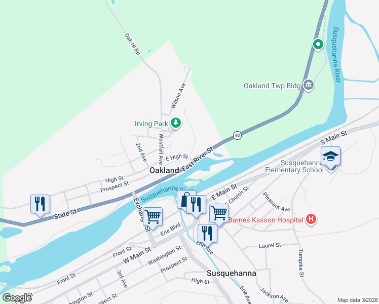 map of restaurants, bars, coffee shops, grocery stores, and more near 82 East High Street in Susquehanna