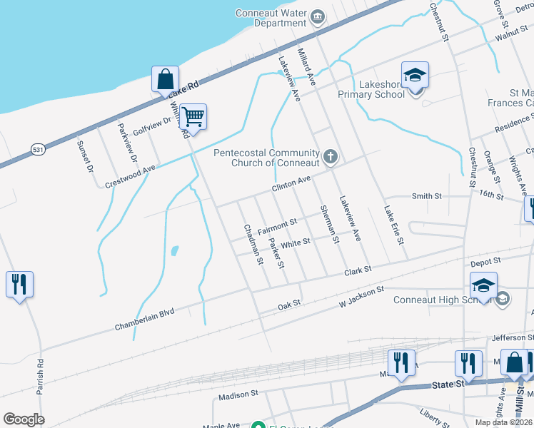map of restaurants, bars, coffee shops, grocery stores, and more near 546 Parker Street in Conneaut