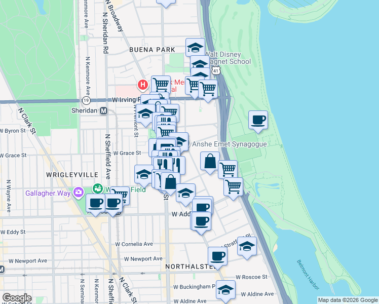 map of restaurants, bars, coffee shops, grocery stores, and more near 3738 North Pine Grove Avenue in Chicago
