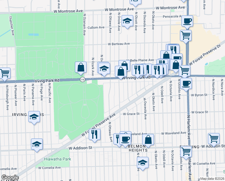 map of restaurants, bars, coffee shops, grocery stores, and more near 3842 North Oriole Avenue in Chicago