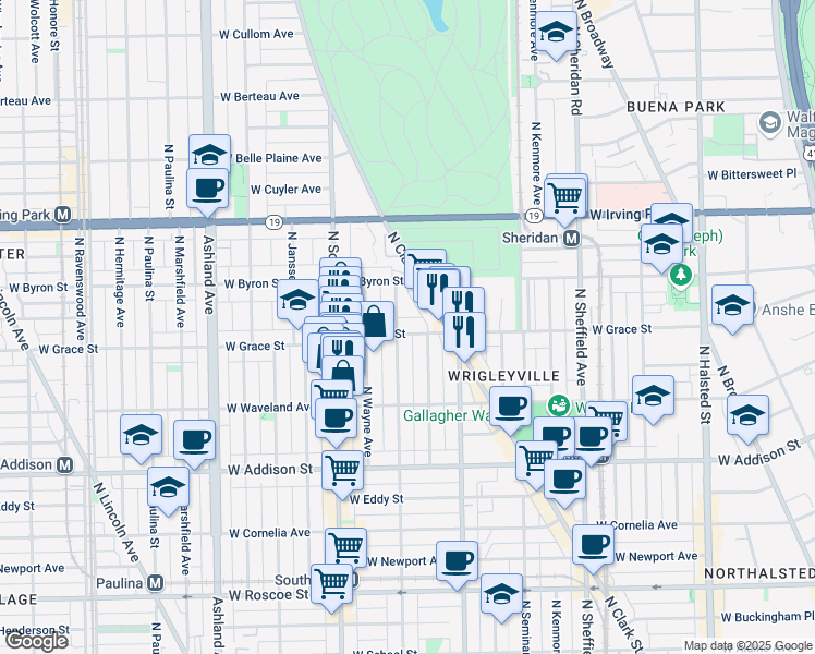 map of restaurants, bars, coffee shops, grocery stores, and more near 1250 West Grace Street in Chicago