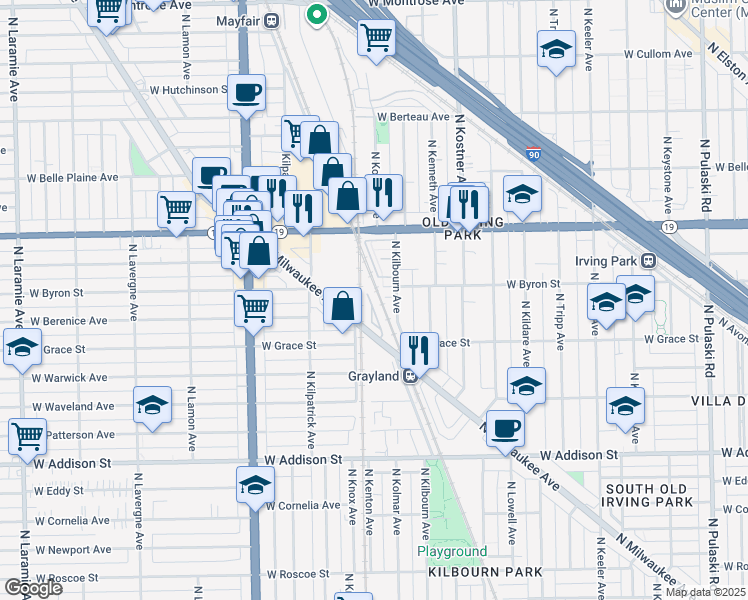 map of restaurants, bars, coffee shops, grocery stores, and more near 3817 North Milwaukee Avenue in Chicago